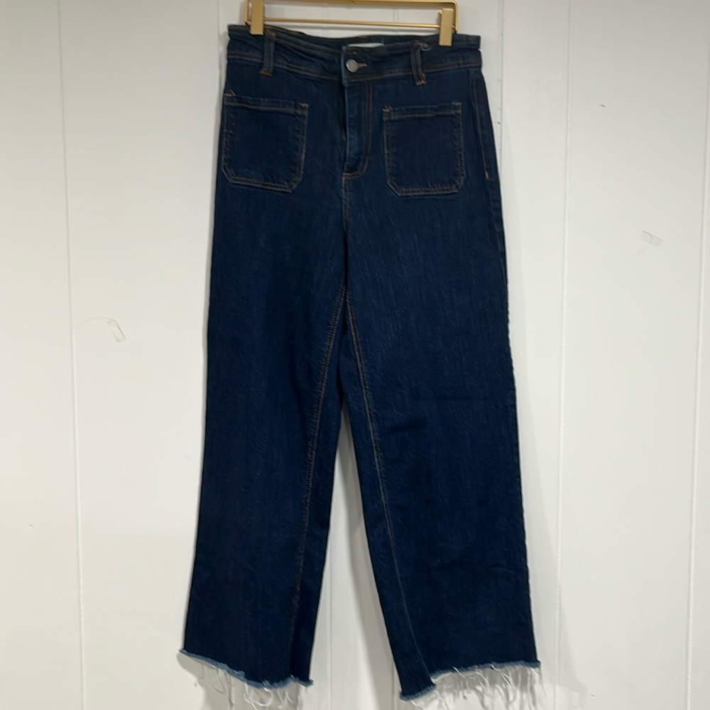 OAT Highrise Wide Leg Denim crop Jeans Women sz 6 Dark Wash Blue Raw Hem Pocket